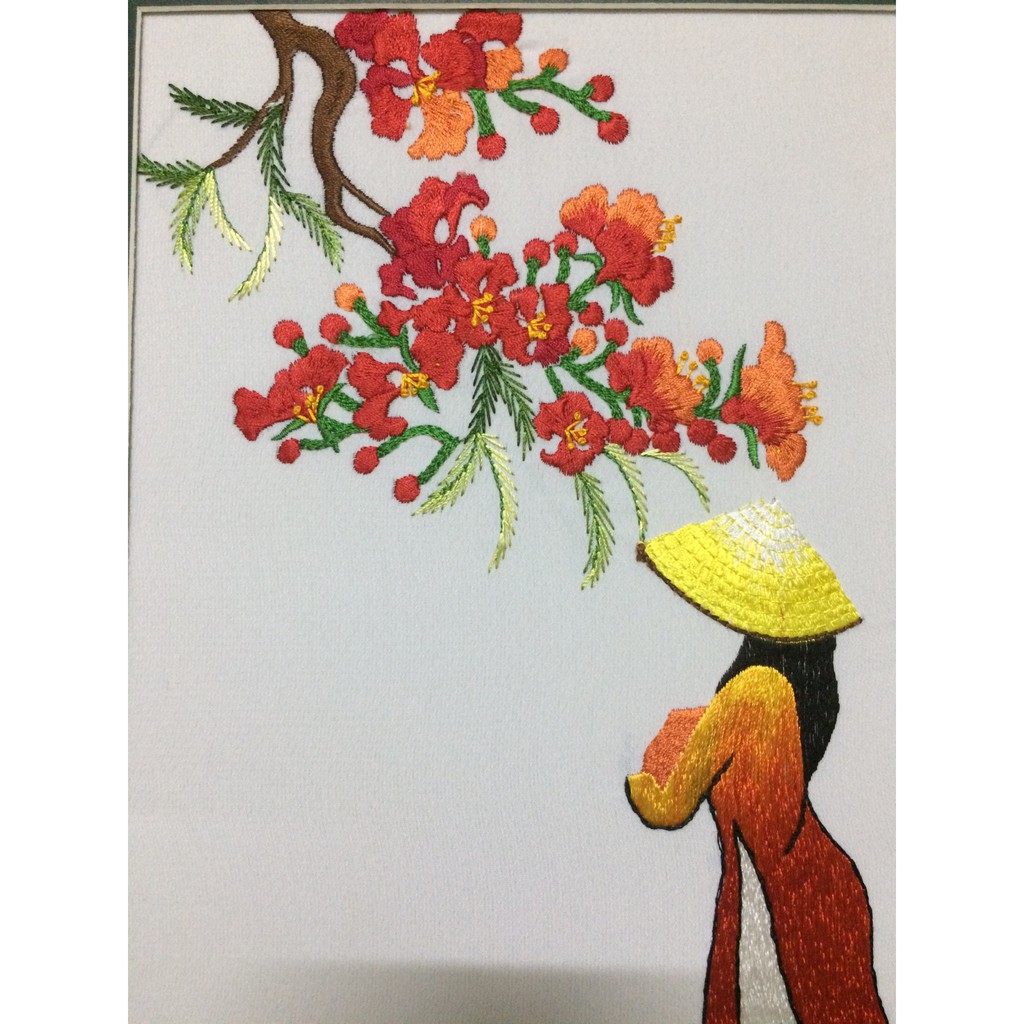 Tranh thêu tay Cô gái hoa phượng đỏ CGHP004