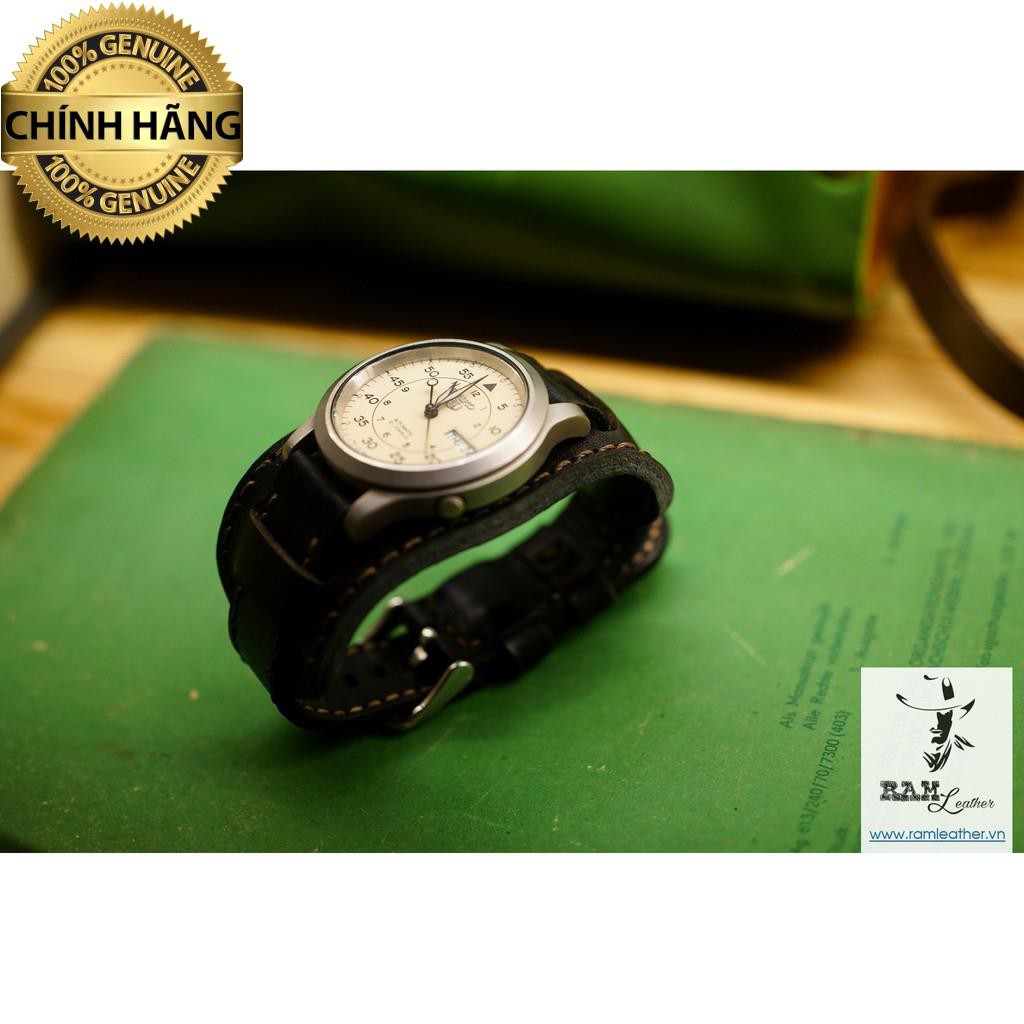 COMBO) DÂY SEIKO5 KIỂU QUÂN ĐỘI ĐỨC ( BUNDSTRAP ) DA BÒ ĐEN TUYỀN RAM B1+BLACK - RAM LEATHER .
