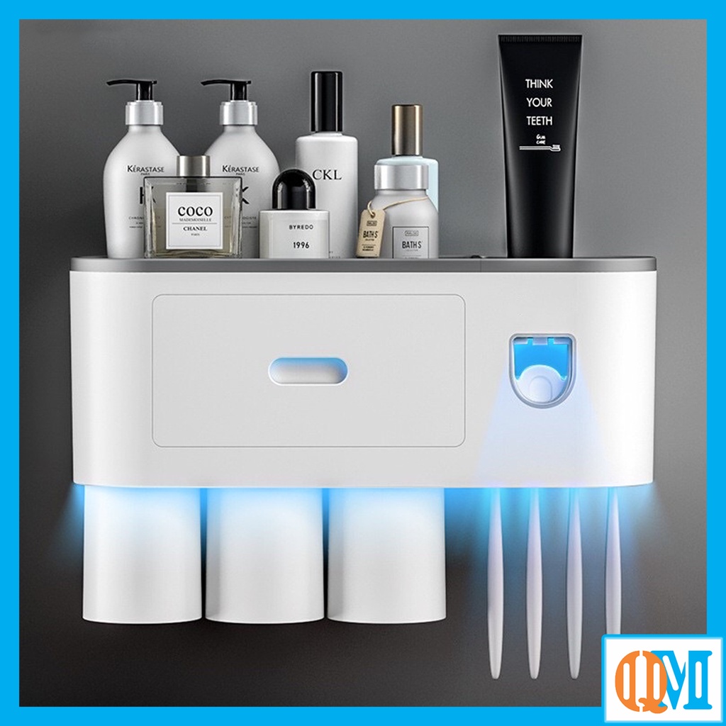 Bộ sản phẩm kệ dán phòng tắm I 2, 3 , 4 cốc Trắng kết hợp nhả kem đánh răng tiện lợi, sạch sẽ màu trắng xám