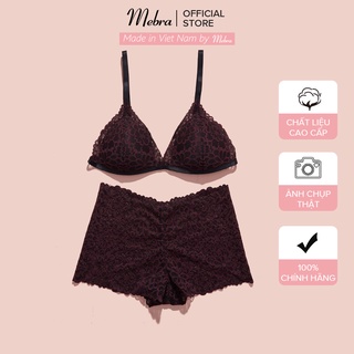 Bộ đồ lót ren hoa PREMIUM không gọng đệm mỏng kiểu quần đùi ren boxer màu nho đậm Mebra A017 + Q033