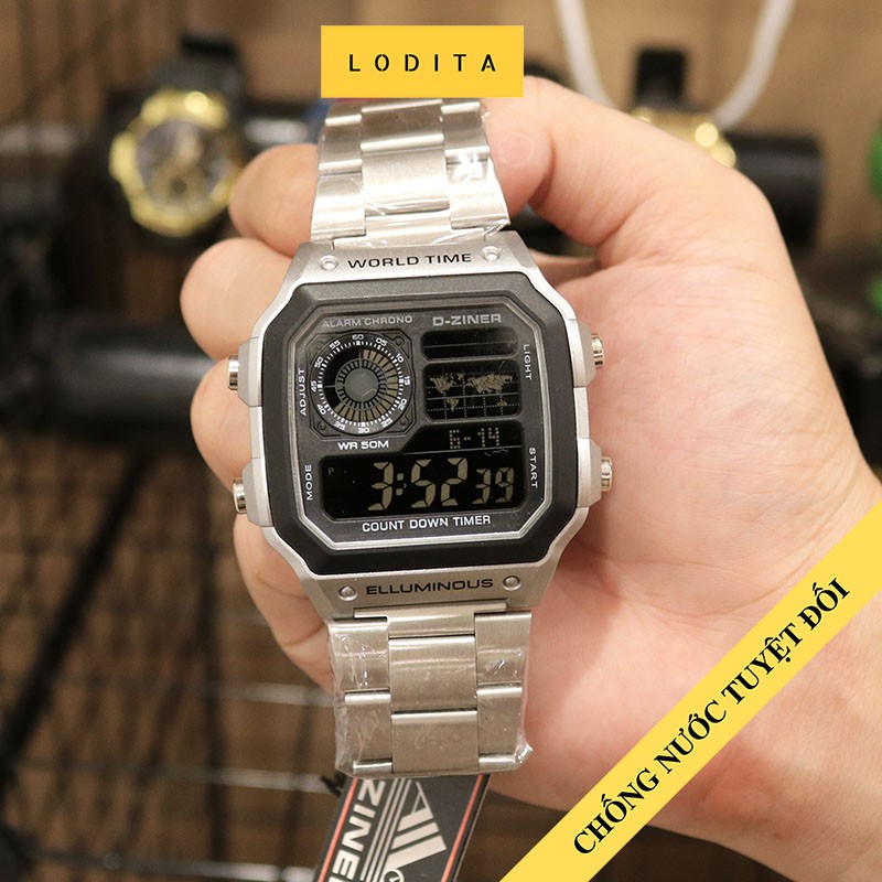 Đồng hồ nam thể thao chính hãng cao cấp Dziner DZ8277 dây thép mặt vuông chống nước tuyệt đối không gỉ màu Sliver