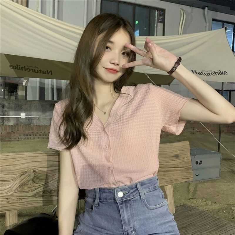 Áo sơ mi IELGY ngắn tay cổ chữ V xếp ly thanh lịch cho nữ