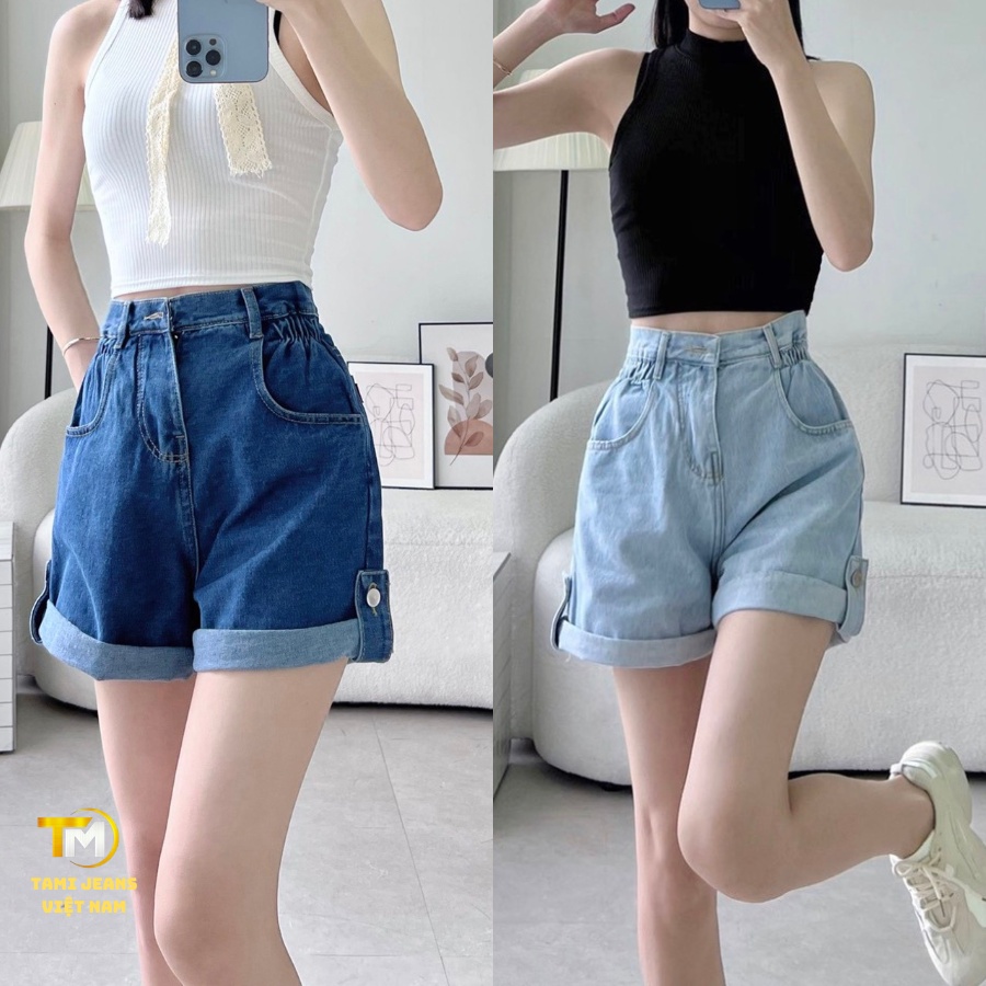 Quần short jean nữ lưng cao eo nhún chun lai bách 4 màu đậm, nhạt, đen, tro