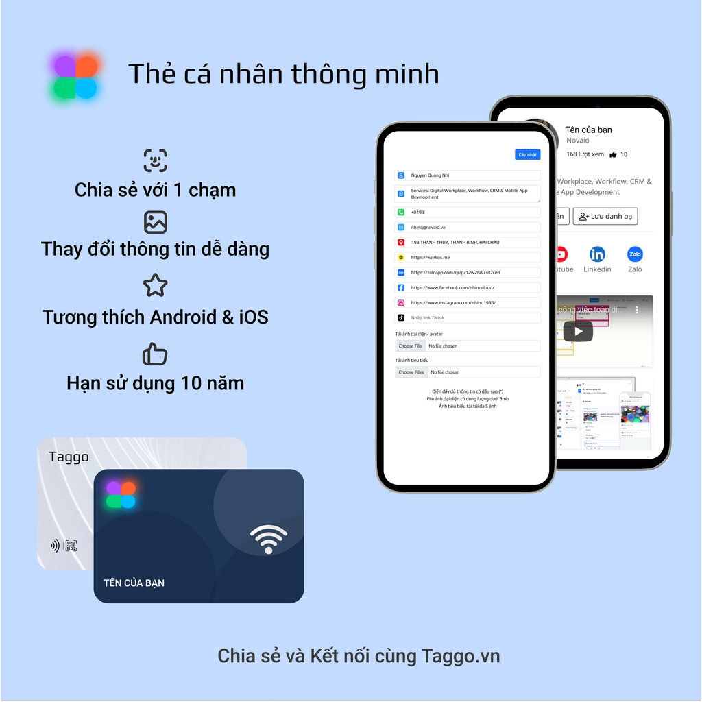Thẻ cá nhân thông minh Taggo, danh thiếp điện tử, thẻ cá nhân thông minh - Blue [in tên]