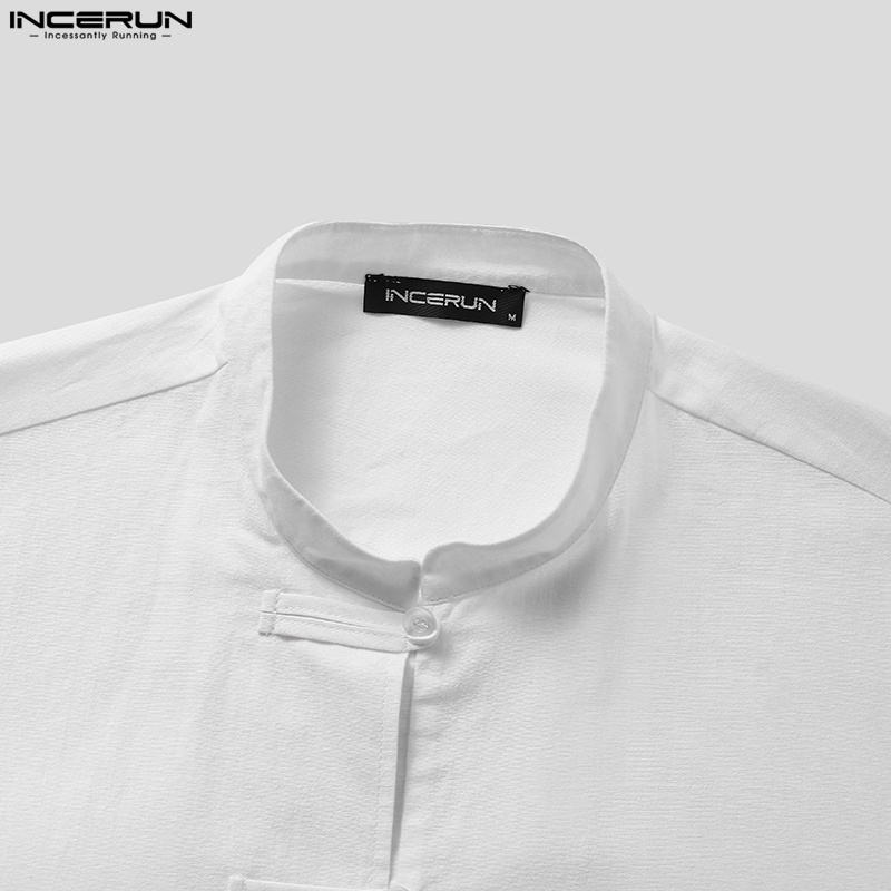 Áo sơ mi Incerun bằng cotton ngắn tay cổ đứng phối nút phong cách cổ trang Trung Hoa dành cho nam