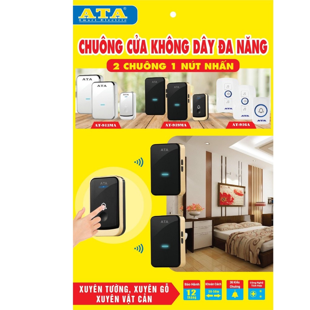 CHUÔNG CỬA ĐÔI KHÔNG DÂY KHÔNG DÙNG PIN ATA AT-919 -A MÀU ĐEN (HÀNG CHÍNH HÃNG)