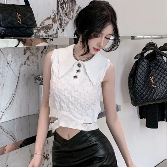 Áo sweater ZHELIHANGFEI sát nách cổ polo eo cao thiết kế quyến rũ cho nữ