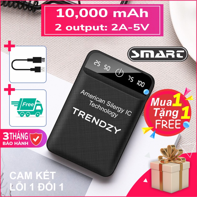 Sạc Dự Phòng Mini 10000mAh chính hãng SMART POWERBANK, 2 Cổng Sạc 2A/5V | Công nghệ ASIC thông minh