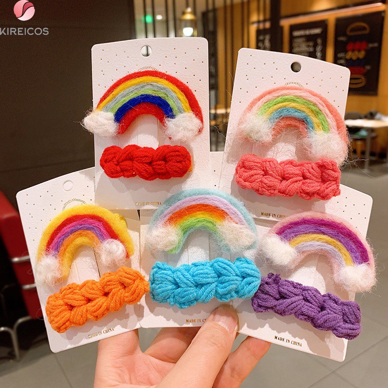 Bộ 2 kẹp Tóc Cầu Vồng Và Bính Len Cho Bé