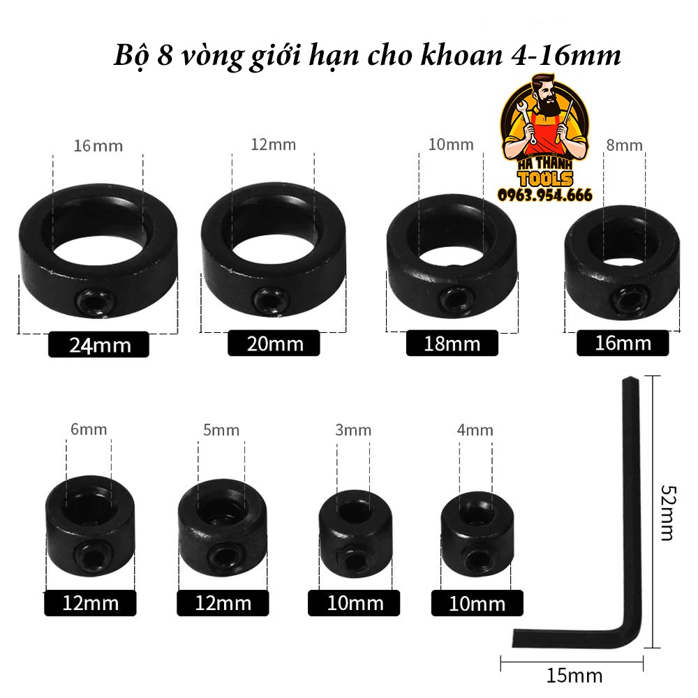 Bộ 8 Vòng Giới Hạn Mũi Khoan - Vòng Chặn Mũi Khoan 3-16mm