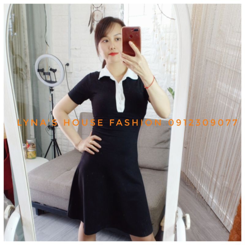 Váy Polo Tay Ngắn Dễ Thương 🌺 FREESHIP 🌺 Đầm Nữ Body Màu Đen Cổ Sơ Mi Trắng - LH116