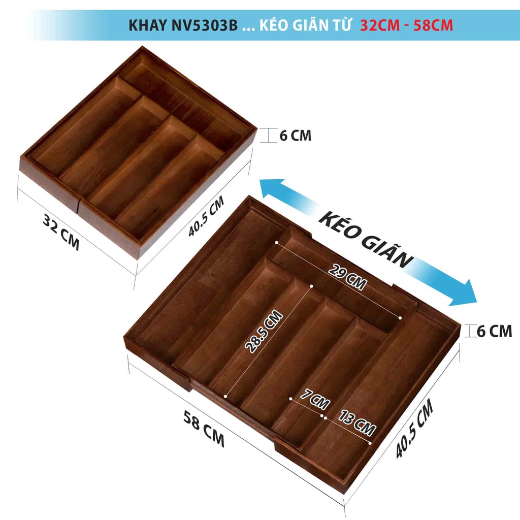 Khay đựng muỗng đũa cao cấp NHẬT VY NV5303B, khay chia ngăn kéo có thể kéo giãn để vừa khít với mọi ngăn kéo