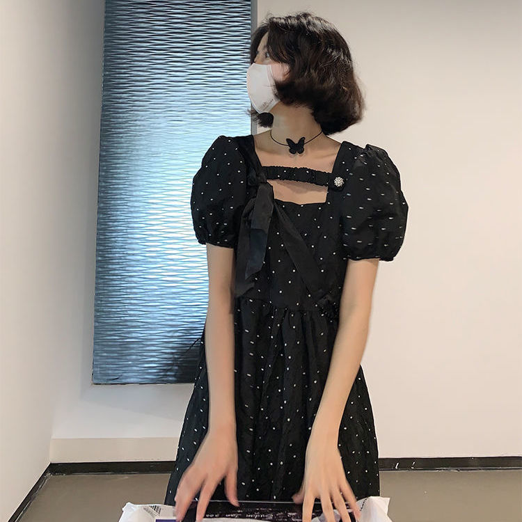 Đầm tay phồng cổ vuông lưng cao phong cách Retro Pháp thời trang cho nữ