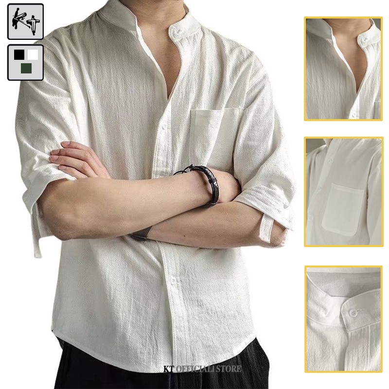 Áo sơ mi KT Kc102 bằng cotton lanh tay ngắn dáng rộng màu trơn phong cách Hàn Quốc cho nam size Size M-3XL