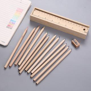 Hộp bút chì 12 màu sắc kèm thước và chì gỗ