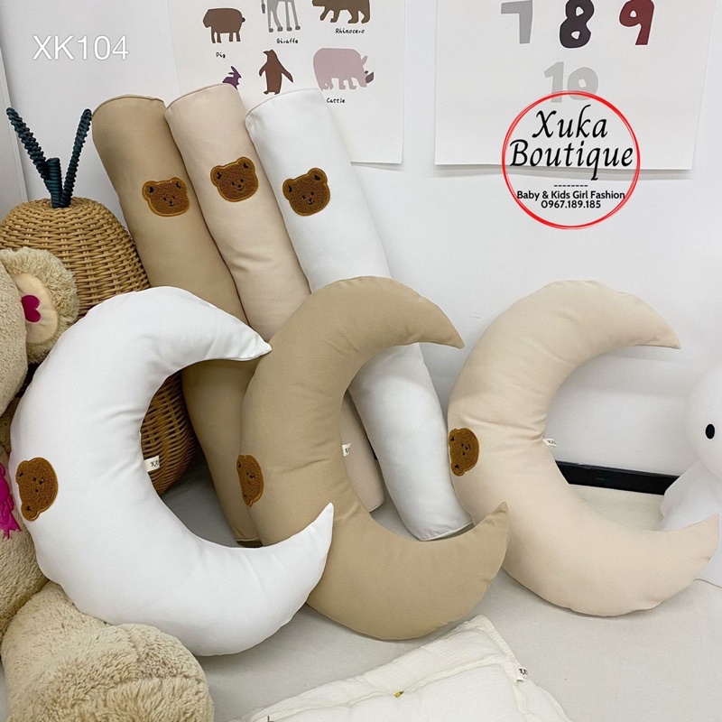 Gối Ôm Thêu Gấu Cao Cấp Style Hàn Quốc Cho Bé - Gối Ôm Dài, Gối Hình Mặt Trăng