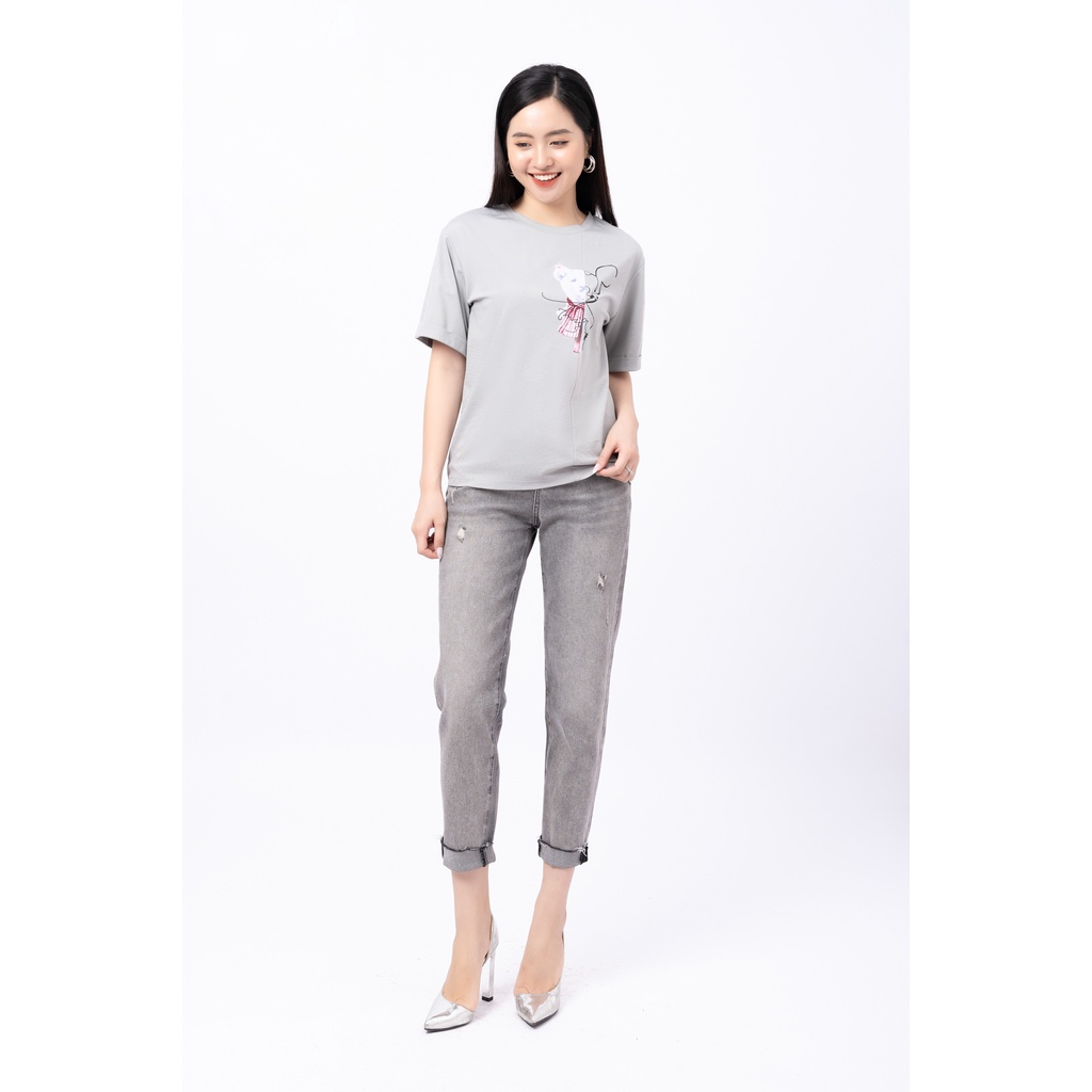 Áo thun nữ Fiona cổ tròn dáng suông áo phông nữ in họa tiết hình gấu cách điệu trẻ trung F521167