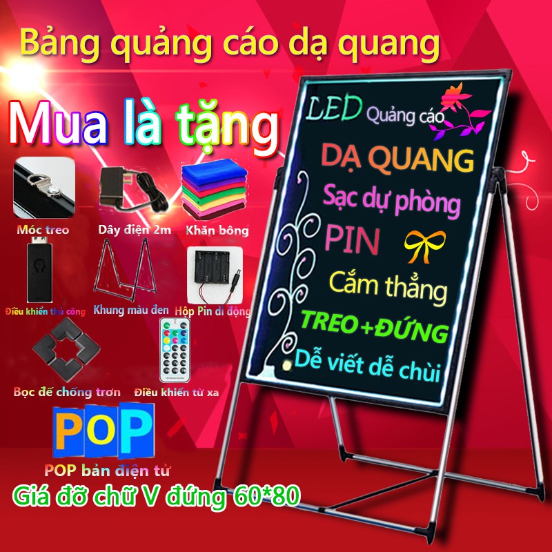 Bảng đen bảng menu quảng cáo có thể viết tay đèn led sáng size 60*80 cho quán ăn cà phê biển tuyển dụng YA23