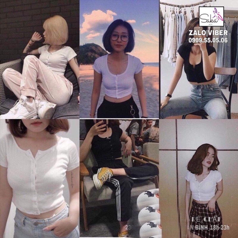 Áo croptop nữ nút trắng đen vải thun gân tăm loại xịn