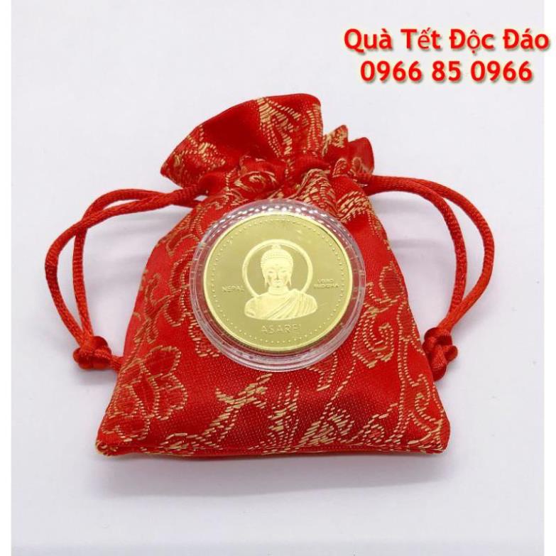 [GIẢM GIÁ] Đồng Xu Đức Phật Thích Ca Nepal May Mắy Tặng kèm túi gấm đỏ long phụng