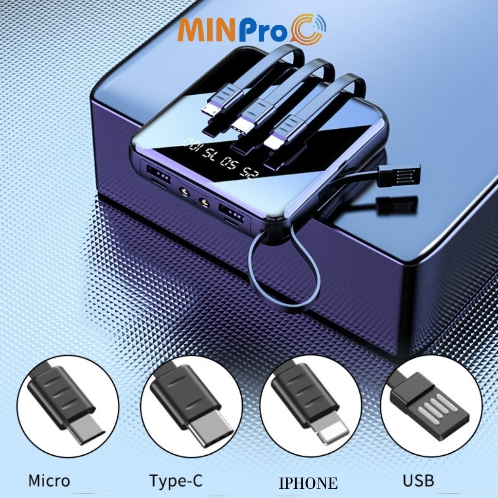 Pin sạc dự phòng 20000mAh mini, nhỏ gọn, tặng kèm dây cáp 3 đầu hình vuông - MINPRO