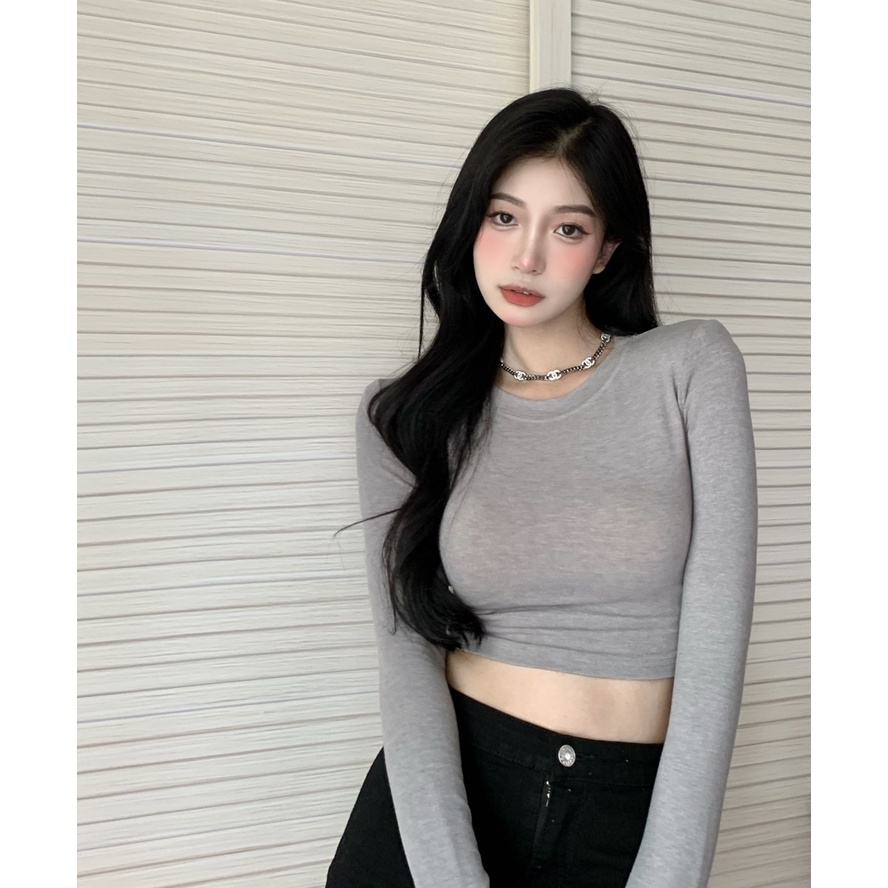 Cocory vn Áo Croptop Tay Dài Cổ Tròn Form Ôm Chất Liệu Mỏng 8 Màu Thời Trang Quyến Rũ