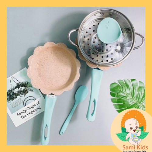 Bộ nồi chảo đá chống dính kèm lồng hấp nấu hầm ninh cháo, quấy bột ăn dặm cho bé SAMI KIDS