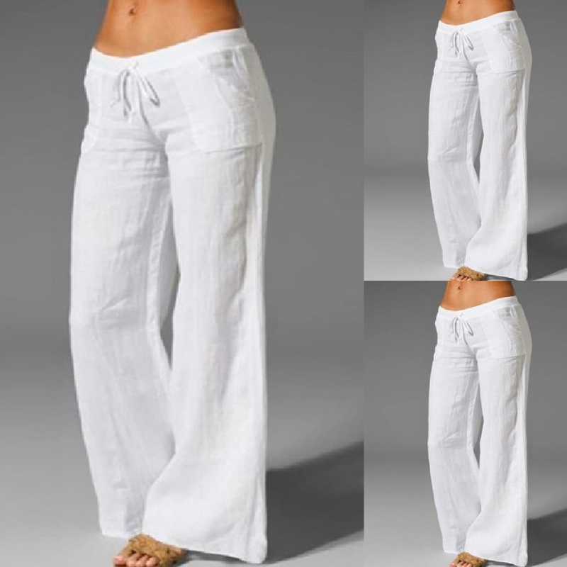 Xiangbao Quần ống rộng Vải Cotton Lanh Lưng Thun Rút Dây Màu Trơn Mùa Hè Vintage Thường Ngày Cho Nữ Palaz
