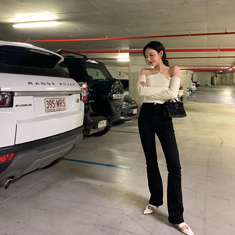 Xiaozhainv Áo Croptop Hở Vai Tay Dài Màu Trơn Thời Trang Gợi Cảm Cho Nữ