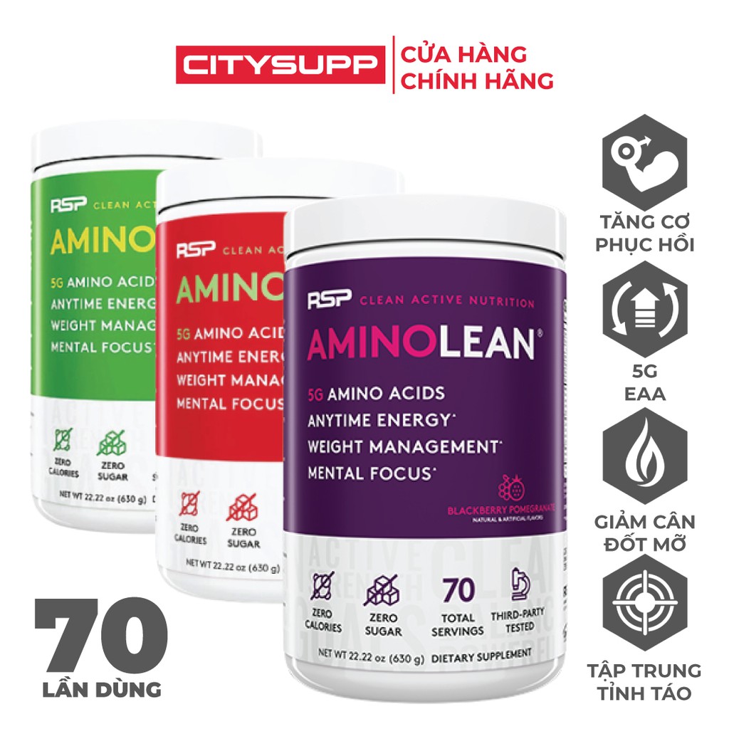 RSP Amino Lean, Pre-Workout Hoàn Chỉnh Cho Nam và Nữ, EAA Phục Hồi & L-Carnitine Hỗ Trợ Đốt Mỡ, Caffeine (70 Lần dùng)