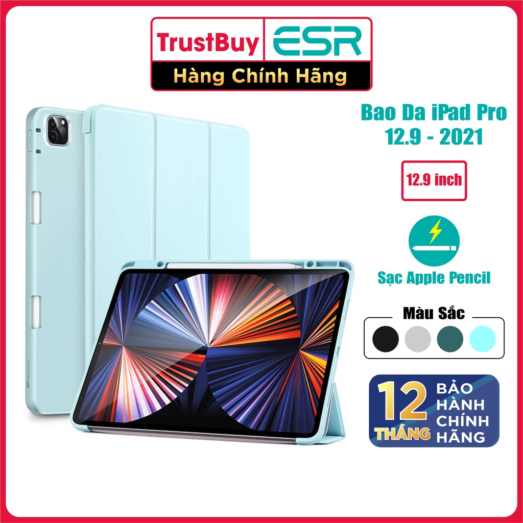 Bao Da iPad Pro 12.9 2021 ESR REBOUND PENCIL Hỗ Trợ Sạc Apple Pencil, Nắp Đóng Mở, Tắt Mở Tự Động, Chân Đứng Nam Châm