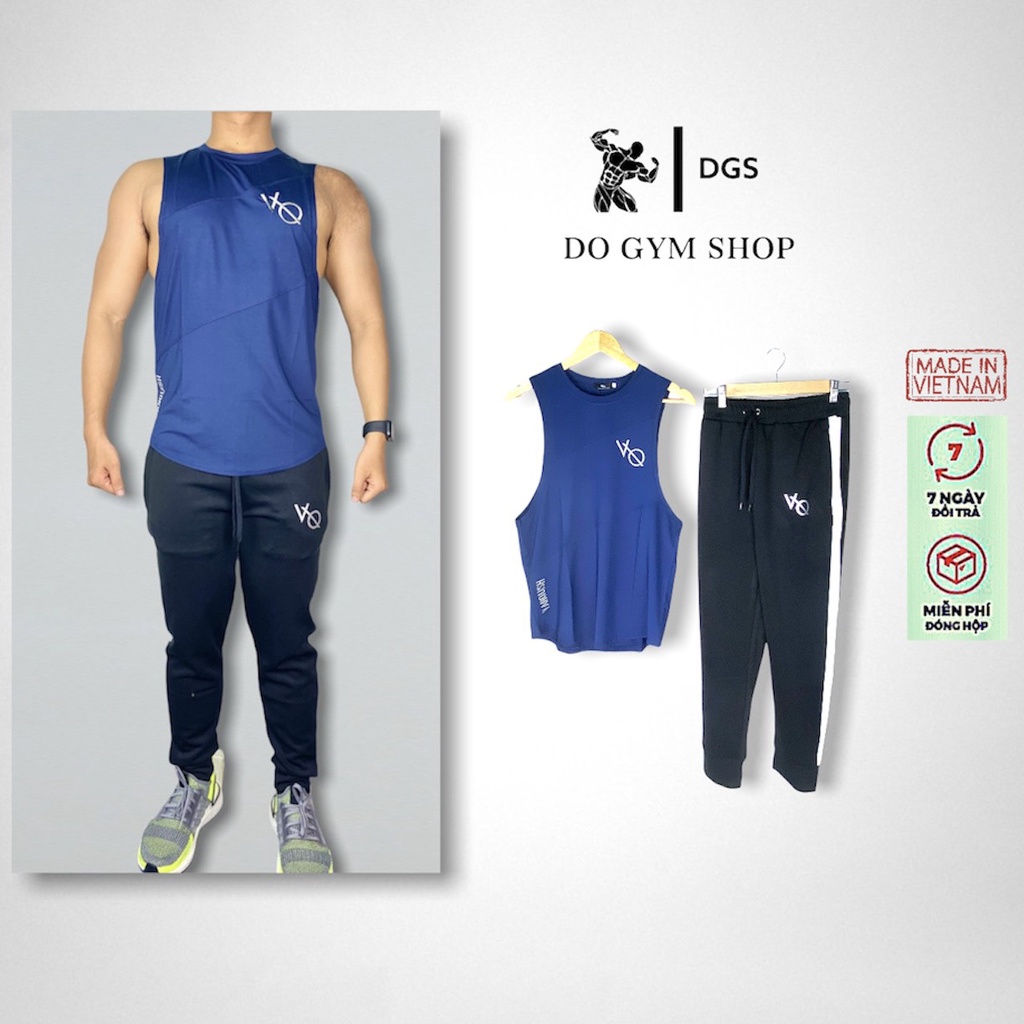 Bộ đồ thun tank top nam thể thao DO GYM SHOP quần kẻ sọc trắng, thun lạnh co giãn 4 chiều thoáng mát