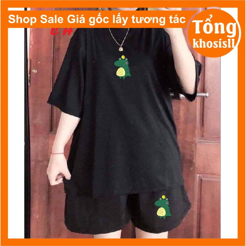 sét đồ bộ thể thao gồm áo thun hè ngắn tay chất cotton + quần đùi ống rộng đen