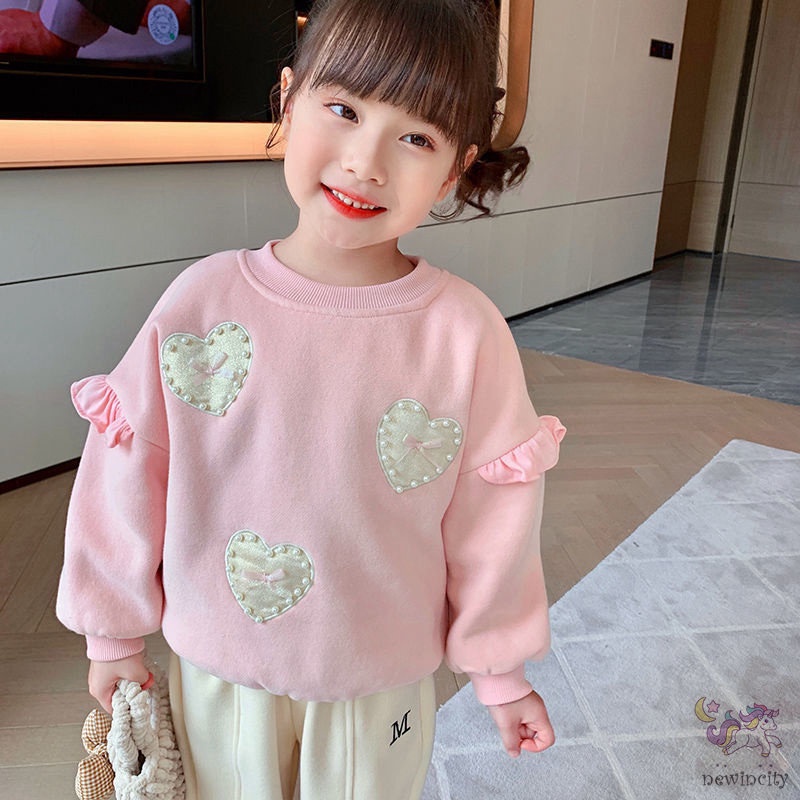 Áo sweater tay dài phối bèo đính ngọc trai giả thời trang Hàn Quốc đáng yêu cho bé gái