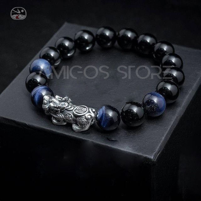 Vòng tay phong thủy handmade đá mắt hổ xanh + charm Tỳ Hưu Bạc