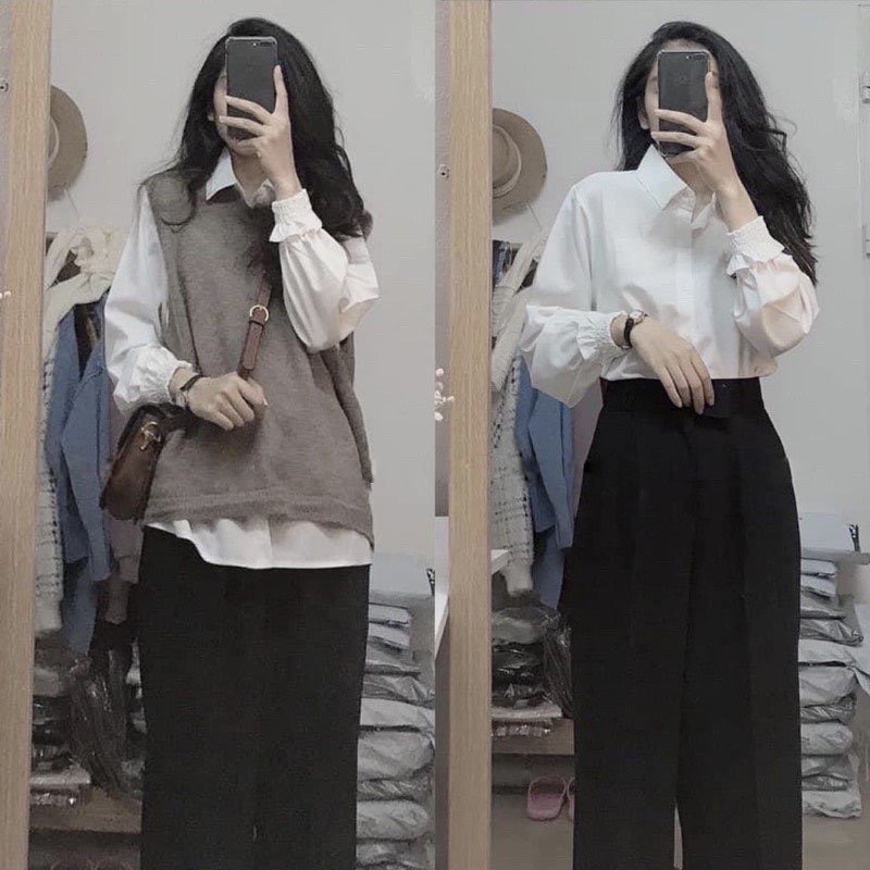 áo sơ mi trắng nữ sơ mi tiểu thư tay bo chun phong cách bánh bèo