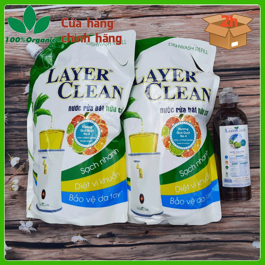 Nước rửa chén hữu cơ Layer Clean quả hồng, quả quýt túi 2L, layerclean hữu cơ