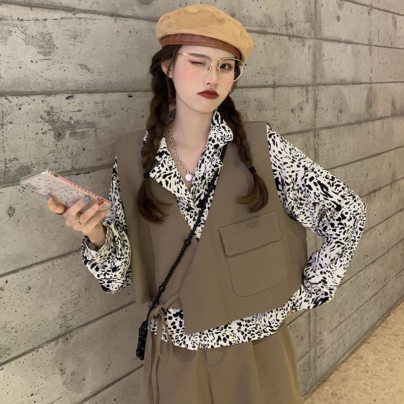 Set áo sơ mi tay dài và áo khoác không tay thiết kế mới thời trang theo phong cách vintage dành cho nữ