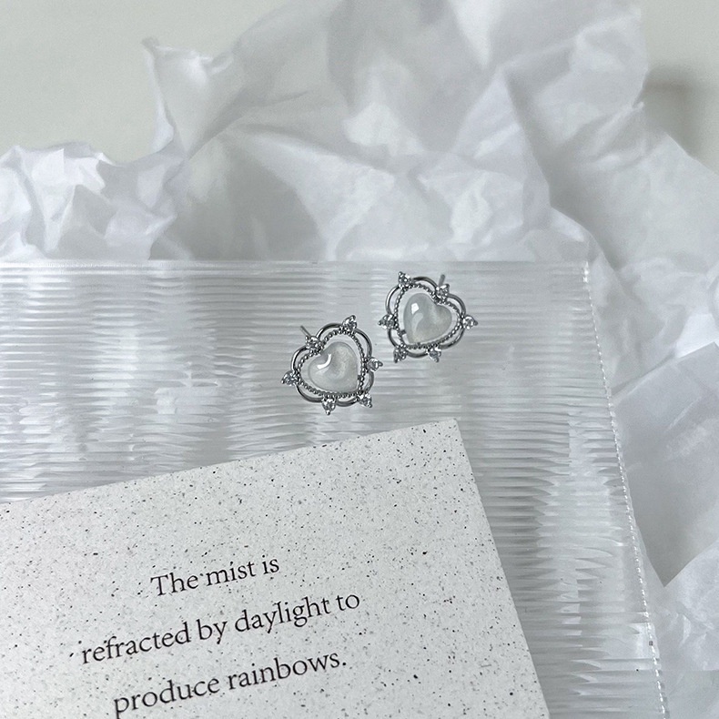 Khuyên Tai Hình Trái Tim Đính Ngọc Trai Phong Cách retro Hàn Quốc