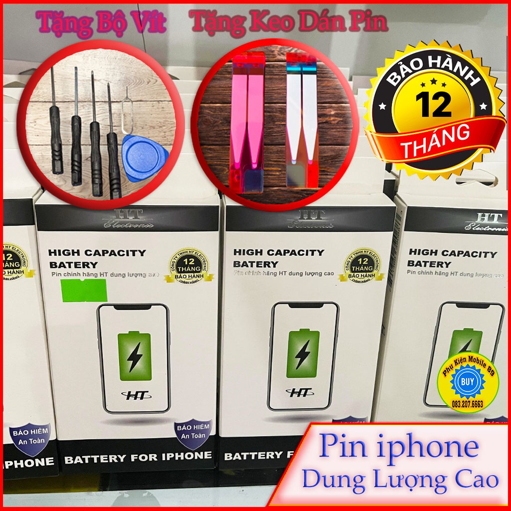 Pin iphone HT Dung Lượng cao - Bh 12th - Chính hãng HT Electronic Cho iphone 5/6/6P/6S/6SP/7/7P/8/8plus