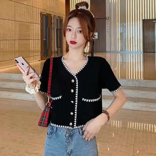 Áo cardigan dệt mỏng tay ngắn dáng rộng phong cách Hàn Quốc sang trọng thời trang dễ phối đồ cho nữ 