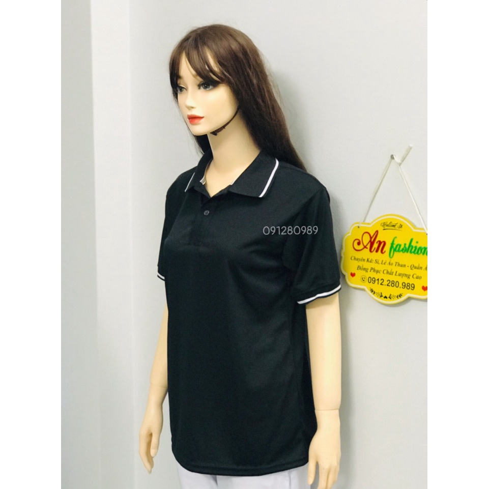 Áo Thun có cổ nam nữ vải thun cá sấu mè màu đen _ Hình chụp thật