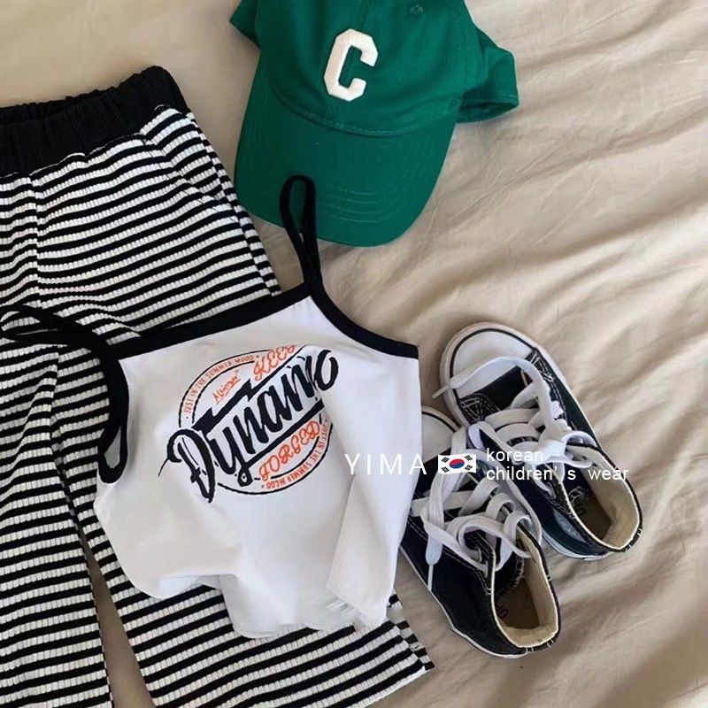 Bộ Áo Thun Không Tay + Quần Ống Rộng Họa Tiết Kẻ Sọc Phong Cách Hàn Quốc Thời Trang Mùa Hè 48 Giờ Cho Bé Gái