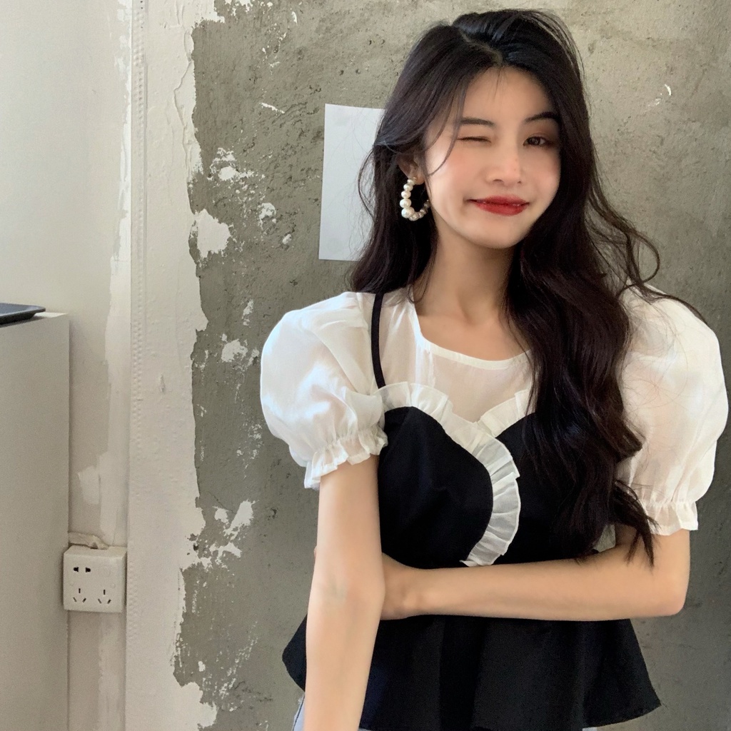 Áo kiểu SUXI ngắn tay thiết kế phối màu xinh xắn dành cho nữ