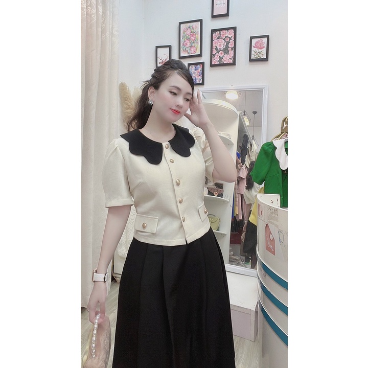 Áo dạ tweed công sở lửng mỏng tay bồng phối cổ lượn sóng H168