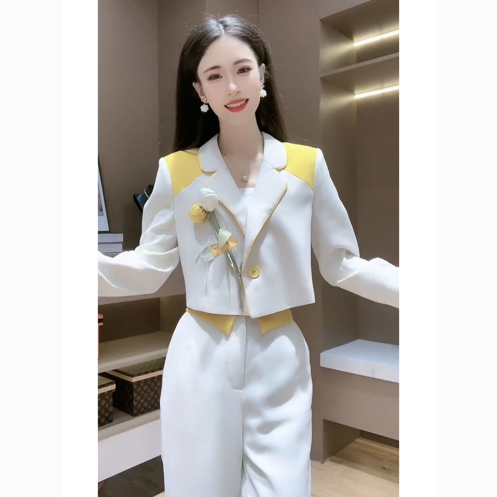 Bộ Áo Khoác + Quần Short Lưng Cao Ống Rộng Màu Sắc Tương Phản Thời Trang Xuân Thu 2022 Cho Nữ