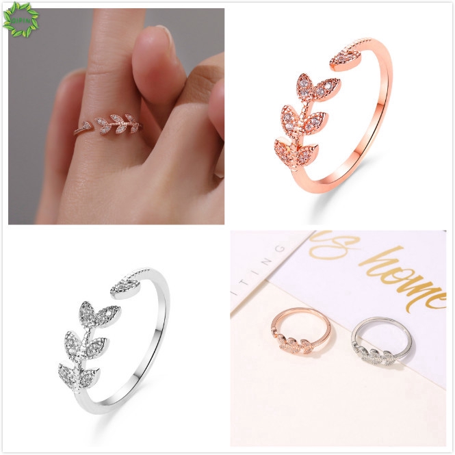 Nhẫn hình lá cây đính đá kiểu mở thời trang