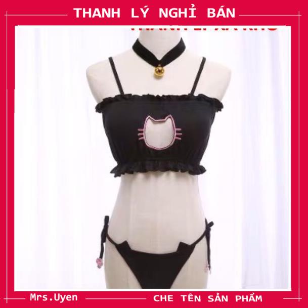 Bộ đồ ngủ cosplay full phụ kiện set miêu nữ sexy, bikini mèo đen gợi cảm, nóng bỏng, lolita chip | BigBuy360 - bigbuy360.vn