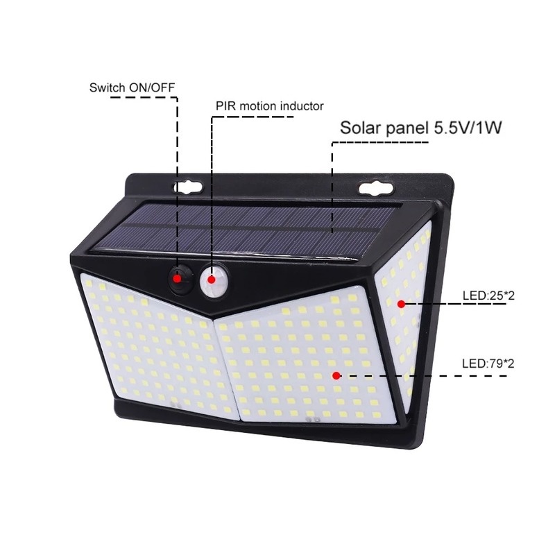 1 Đèn LED 208 Bóng Cảm Ứng 4 Mặt Sử Dụng Năng Lượng Mặt Trời Độ Sáng Cao Chống Thấm Nước Gắn Tường Chiếu Sáng Ngoài Trời