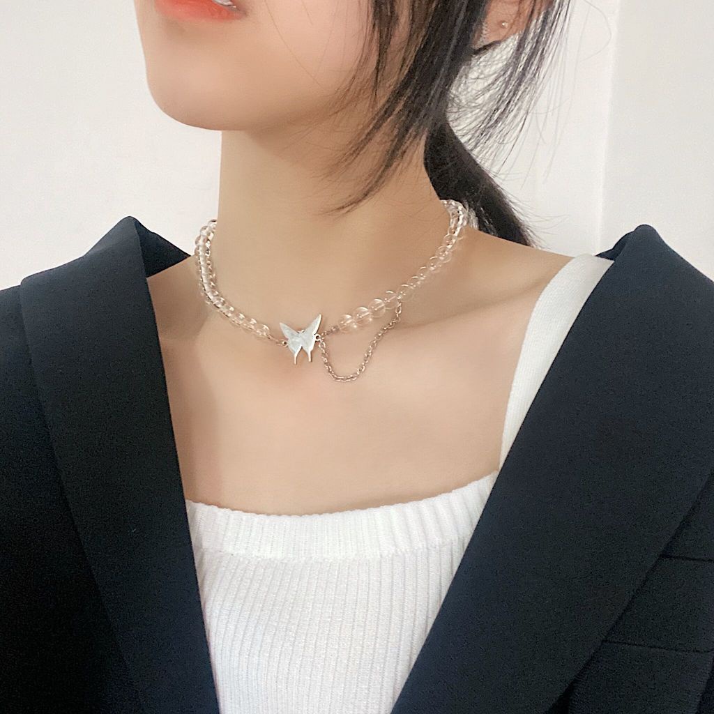 Vòng cổ Chuỗi Hạt Tròn Trong Suốt Mặt Hình Bướm Thời Trang Cho Nữ